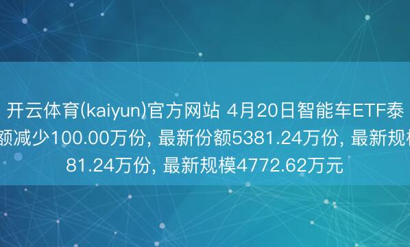 开云体育(kaiyun)官方网站 4月20日智能车ETF泰康(159720)份额减少100.00万份， 最新份额5381.24万份， 最新规模4772.62万元